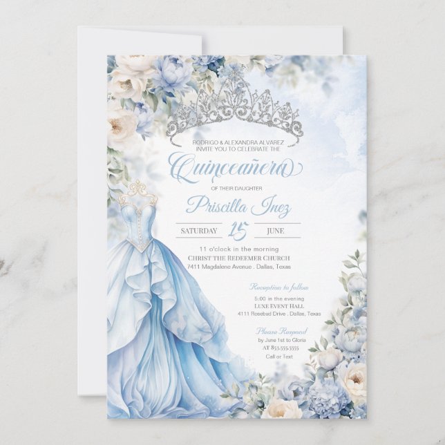 Invitación Cinderella Blue Elegant Gown Princess Quinceanera (Anverso)
