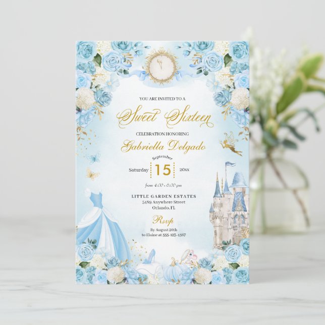 Invitación Cinderella Blue Fairytale Princesa Dulce (Anverso de pie)