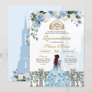 Invitación Cinderella Blue Floral Gold Princess Quinceanera