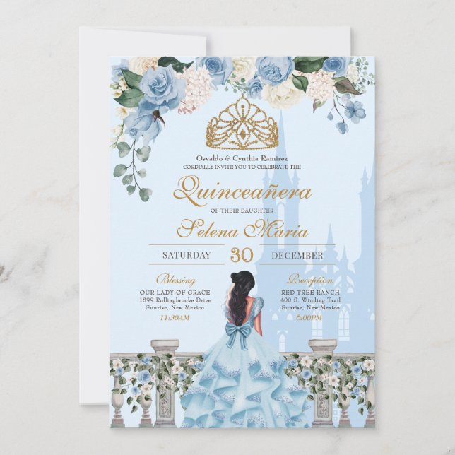 Invitación Cinderella Blue & Gold Floral Princesa Quinceanera (Anverso)
