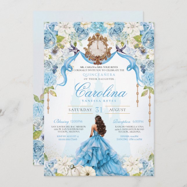 Invitación Cinderella Blue Gold Princesa de Lujo (Anverso / Reverso)