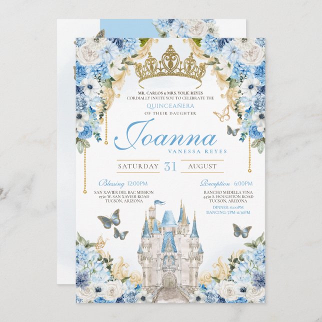 Invitación Cinderella Blue Gold Princess Castle Quinceanera (Anverso / Reverso)