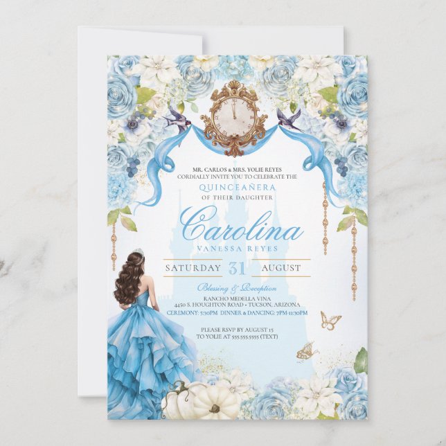 Invitación Cinderella Blue & Gold Princess Luxury Quinceanera (Anverso)