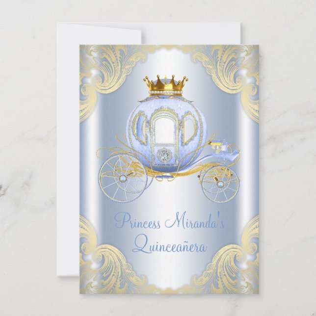 Invitación Cinderella Blue Gold Princess Quinceanera (Anverso)