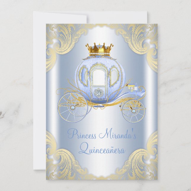 Invitación Cinderella Blue Gold Princess Quinceanera (Anverso)