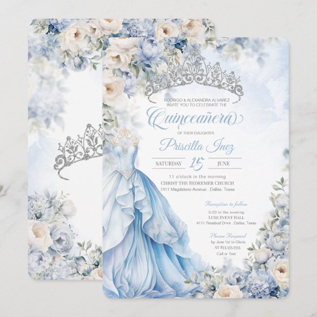 Invitación Cinderella Blue Princess Fairytale Quinceañera (Anverso / Reverso)