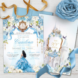 Invitación Cinderella Blue Rosa de lujo Princesa Quinceanera