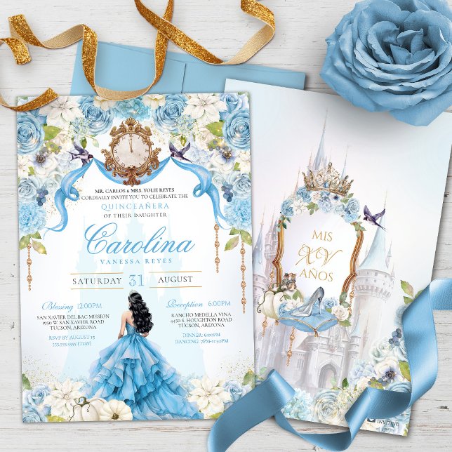 Invitación Cinderella Blue Rosa de lujo Princesa Quinceanera (Subido por el creador)