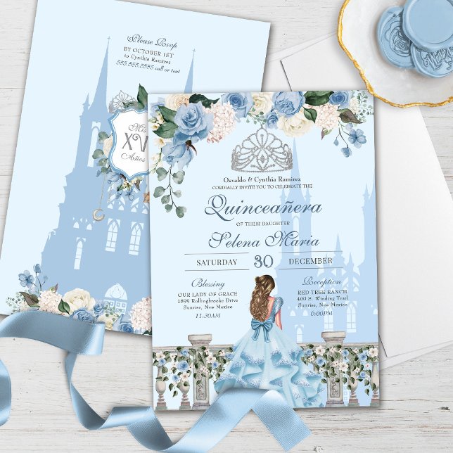 Invitación Cinderella Blue Silver Floral Princesa Quinceanera (Subido por el creador)