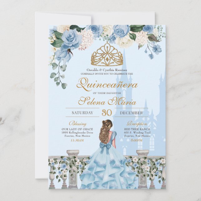 Invitación Cinderella Blue w Gold Floral Princesa Quinceanera (Anverso)