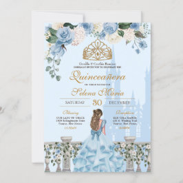 Invitación Cinderella Blue w Gold Floral Princesa Quinceanera