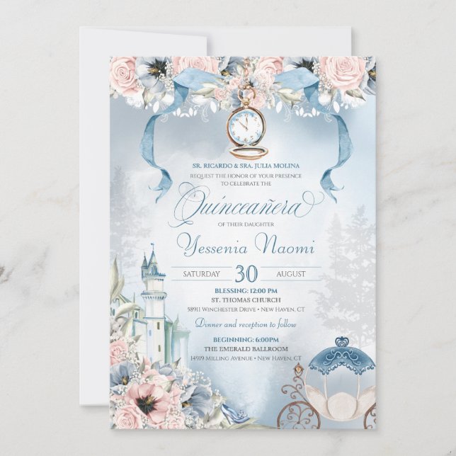 Invitación Cinderella Fairy Tale Light Blue Pink Quinceanera (Anverso)