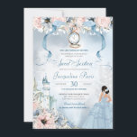Invitación Cinderella Fairy Tale Princess Sweet 16 Cumpleaños<br><div class="desc">Esta bella y elegante invitación a un cuento de hadas invitará a sus huéspedes con una temática de Cenicienta, que incluye un castillo, una hermosa botánica floral rosa y azul, una zapatilla de vidrio faltante y el invitado de honor en un hermoso vestido de bolas. Todo el texto es completamente...</div>