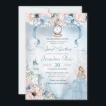 Invitación Cinderella Fairy Tale Princess Sweet 16 Cumpleaños<br><div class="desc">Esta bella y elegante invitación a un cuento de hadas invitará a sus huéspedes con una temática de Cenicienta, que incluye un castillo, una hermosa botánica floral rosa y azul, una zapatilla de vidrio faltante y el invitado de honor en un hermoso vestido de bolas. Todo el texto es completamente...</div>