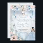Invitación Cinderella Fairy Tale Princess Sweet 16 Cumpleaños<br><div class="desc">Esta bella y elegante invitación a un cuento de hadas invitará a sus huéspedes con una temática de Cenicienta, que incluye un castillo, una hermosa botánica floral rosa y azul, una zapatilla de vidrio faltante y el invitado de honor en un hermoso vestido de bolas. Todo el texto es completamente...</div>