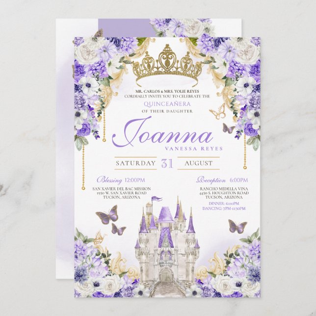 Invitación Cinderella Lavender Princesa Púrpura Quinceanera (Anverso / Reverso)