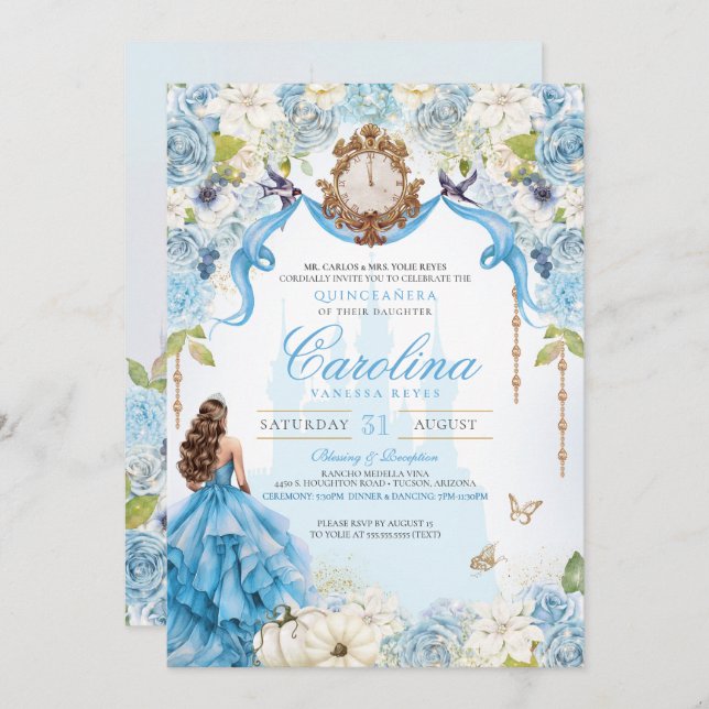 Invitación Cinderella Luz Azul Real Princesa Quinceañera (Anverso / Reverso)