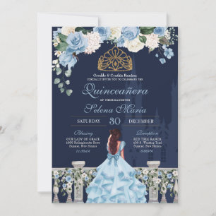 Invitación Cinderella Marina Floral Azul Princesa Quinceañera