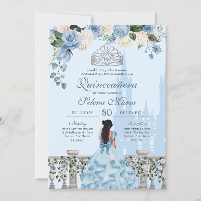 Invitación Cinderella Plata Azul Princesa Real Quinceanera (Anverso)