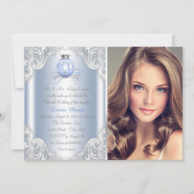 Invitación Cinderella Princesa Azul Quinceañera (Anverso)