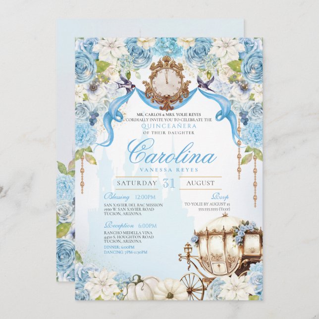 Invitación Cinderella Princesa Carriage Elegante Quinceanera (Anverso / Reverso)