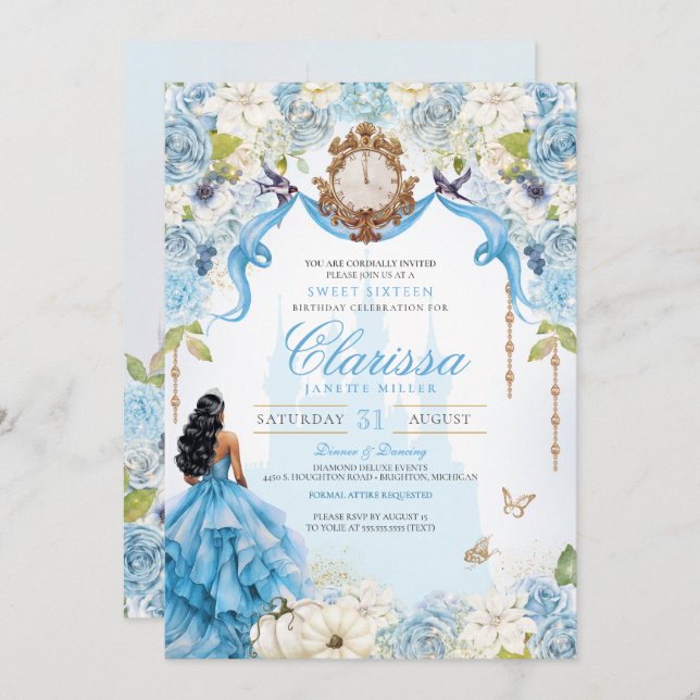 Invitación Cinderella Princesa Luz Azul Dulce Real 16 (Anverso / Reverso)