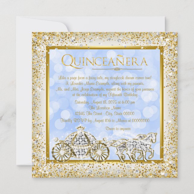 Invitación Cinderella Princesa Quinceañera Azul Oro (Anverso)