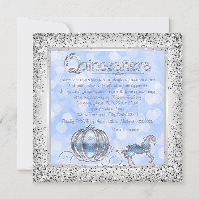 Invitación Cinderella Princesa Quinceañera Plateada Azul (Anverso)