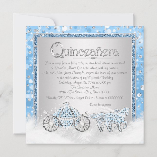 Invitación Cinderella Princesa Quinceañera Plateada Azul (Anverso)