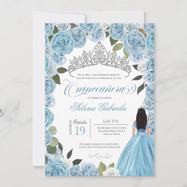 Invitación Cinderella Princess Ball Blue Rosas V2 Quinceanera (Anverso)
