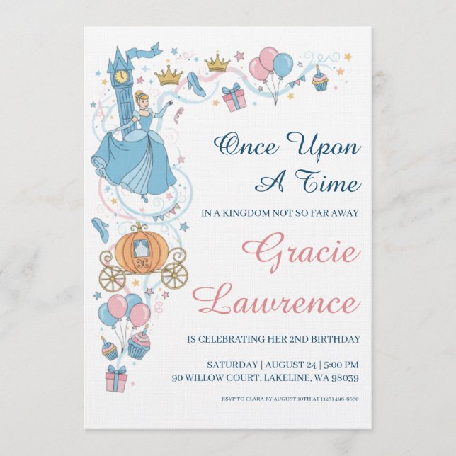 Invitación Cinderella princess birthday invitations (Anverso)