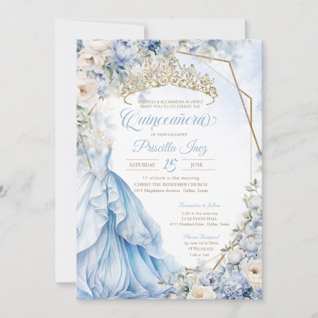 Invitación Cinderella Princess Light Blue Gold Quinceañera (Anverso)