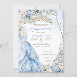 Invitación Cinderella Princess Light Blue Gold Quinceañera