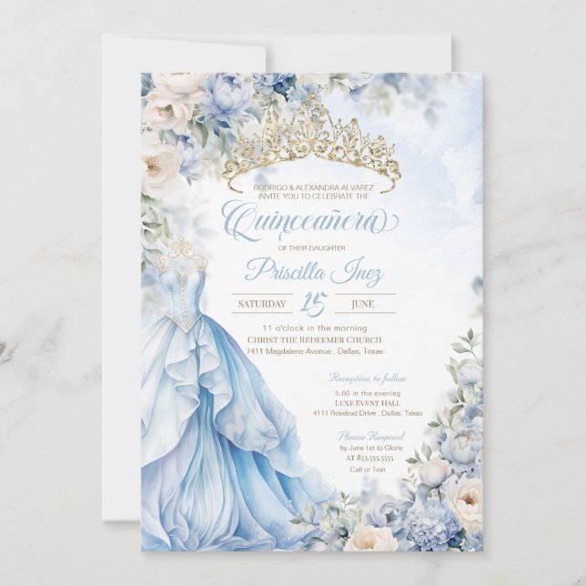 Invitación Cinderella Princess Light Blue Gold Quinceañera (Anverso)