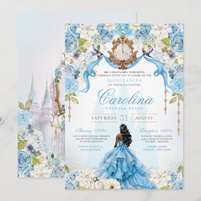 Invitación Cinderella Quinceañera Blue Gold Luxury (Anverso / Reverso)