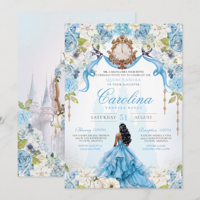 Invitación Cinderella Quinceañera Blue Gold Luxury (Anverso / Reverso)