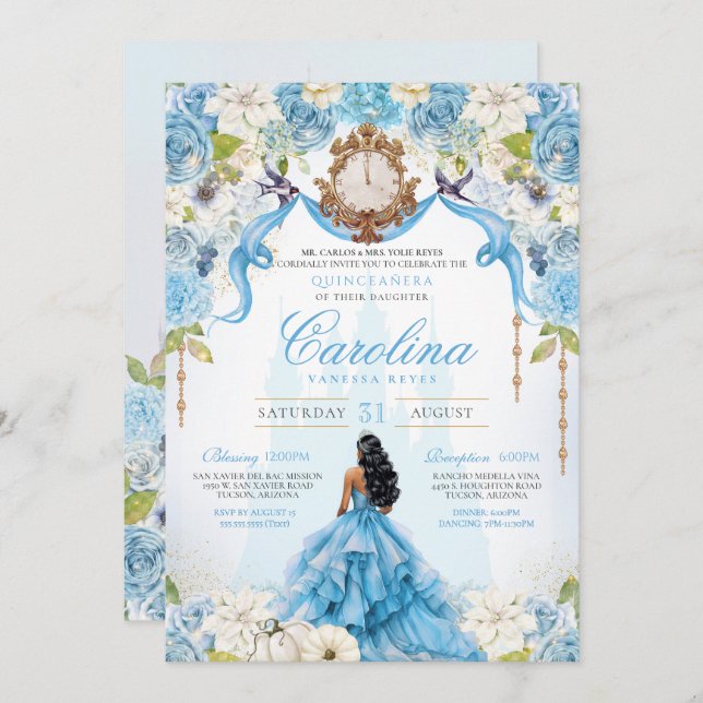 Invitación Cinderella Quinceañera Blue Gold Luxury (Anverso / Reverso)