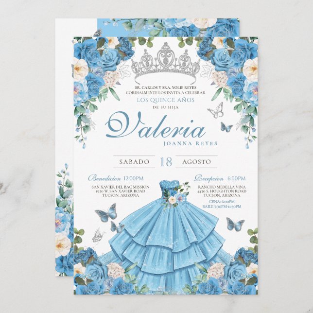 Invitación Cinderlla Blue Silver Elegante Princesa Quinceañer (Anverso / Reverso)