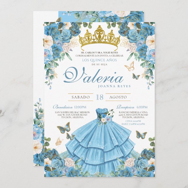 Invitación Cinderlla Oro Azul Elegante Princesa Quinceañera (Anverso / Reverso)