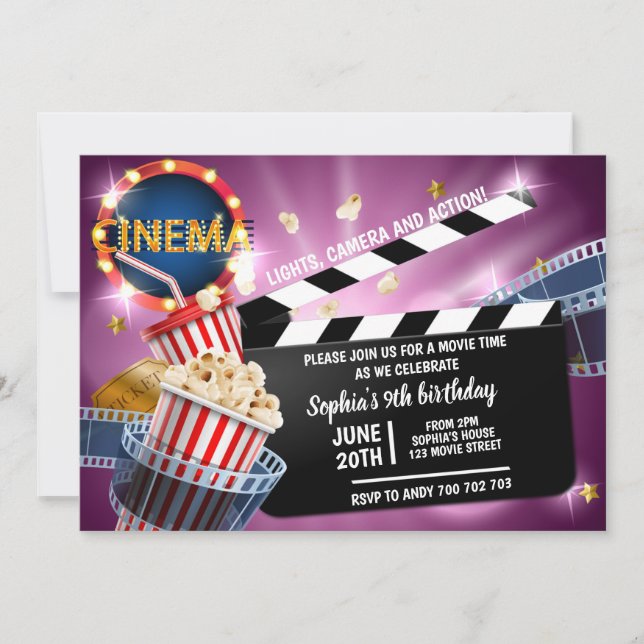 Invitación Cine Chica de cine Cumpleaños Cine (Anverso)
