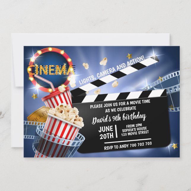 Invitación Cine Cine Cine Cine Boy Cumpleaños Copcorn (Anverso)