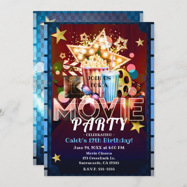 Invitación Cine Cine Película Noche fiesta de cumpleaños (Anverso / Reverso)