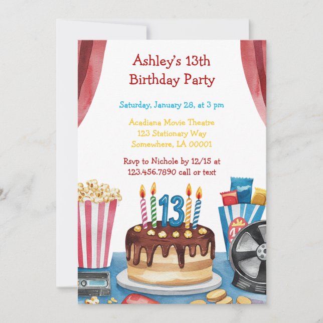 Invitación Cine y fiesta de cumpleaños del niño de Popcorn (Anverso)