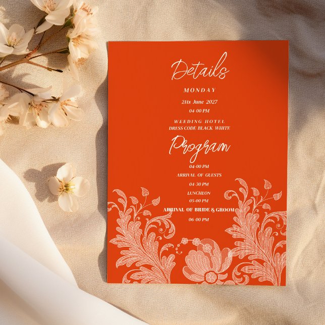 Invitación Cinnamon orange white floral lace Details Program (Cinnamon orange white floral lace Details Program )