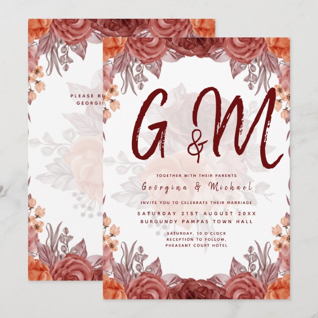Invitación Cinnamon Terracotta FALL BODA Botánico Floral (Anverso / Reverso)