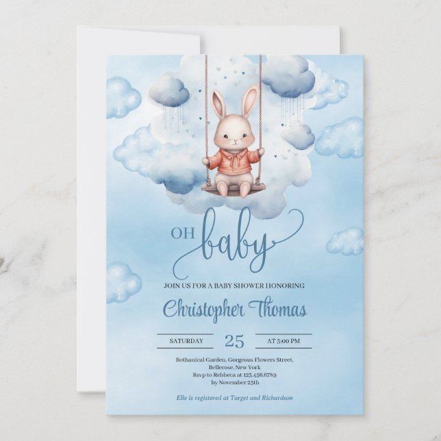 Invitación Cinta azul acuarela en columpio en el cielo (Anverso)