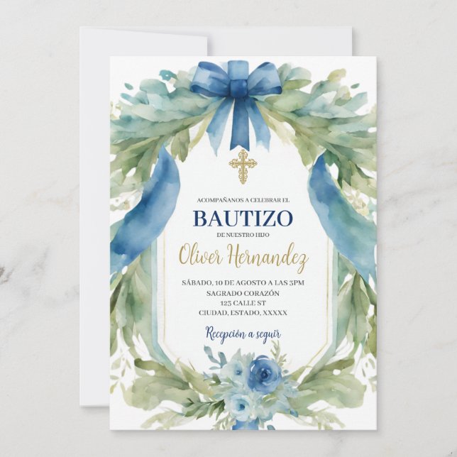 Invitación Cinta azul Bautizo Español (Anverso)