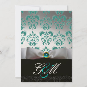 Invitación CINTA AZUL BLANCA  MONOGRAMA DE DAMASCO NEGRO Cham