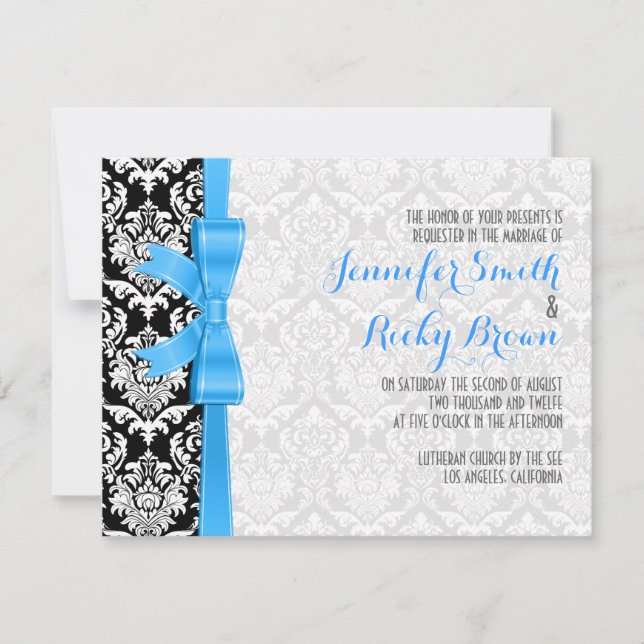 Invitación Cinta Azul Boda De Damascos Blanco Y Negro (Anverso)