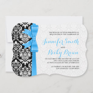 Invitación Cinta Azul Boda De Damascos Blanco Y Negro